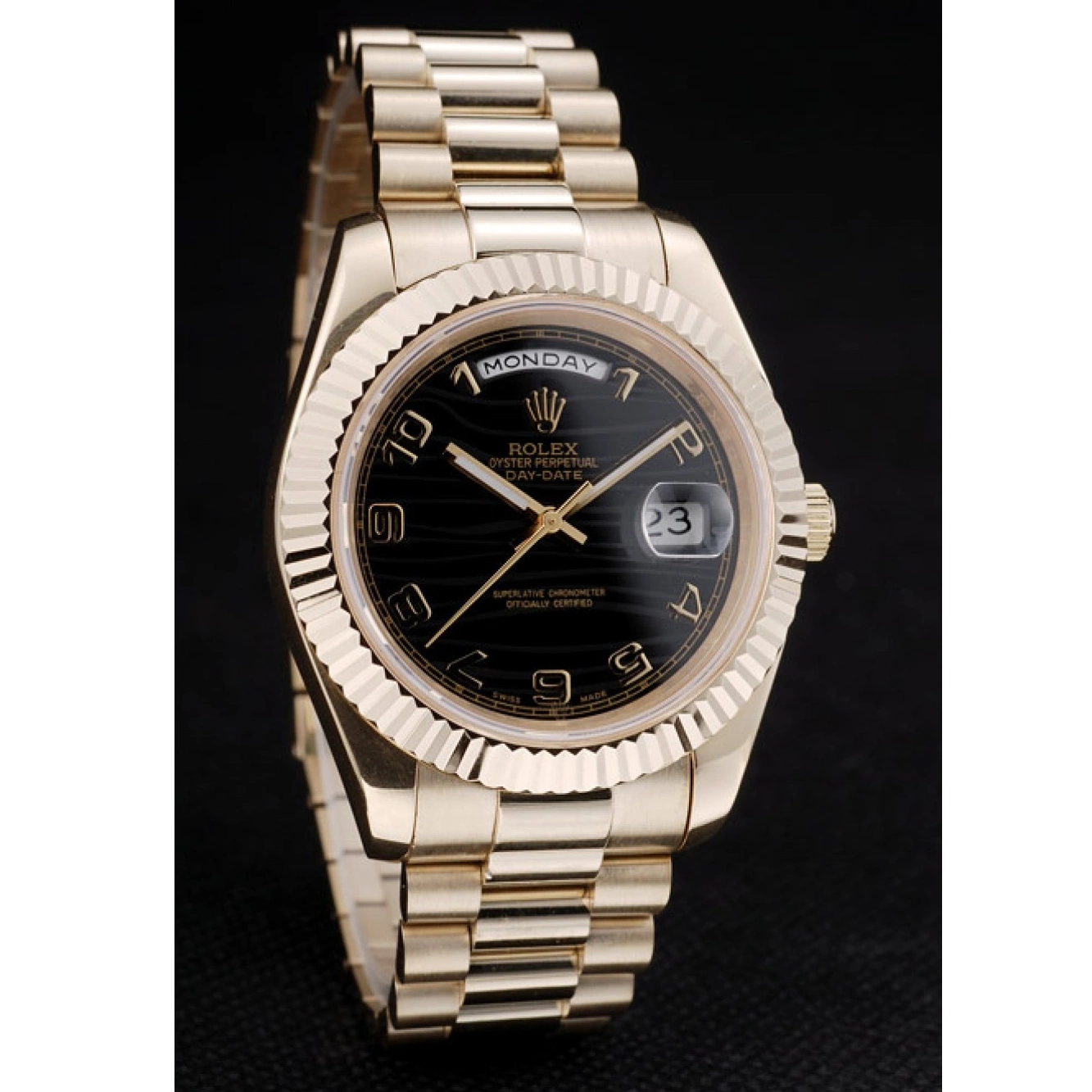 Best AAA Replica Sites DayDate Gold Swiss Bezel 41998 Rolex Steel Black Ribbed Dial Stainless 0717
